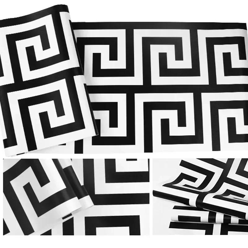 3D Geometric Wall Papers Black Luxury Satin Greek Key Wallpaper Home Decor Non-Self adhesive Wallpaper for Living Room Bedroom