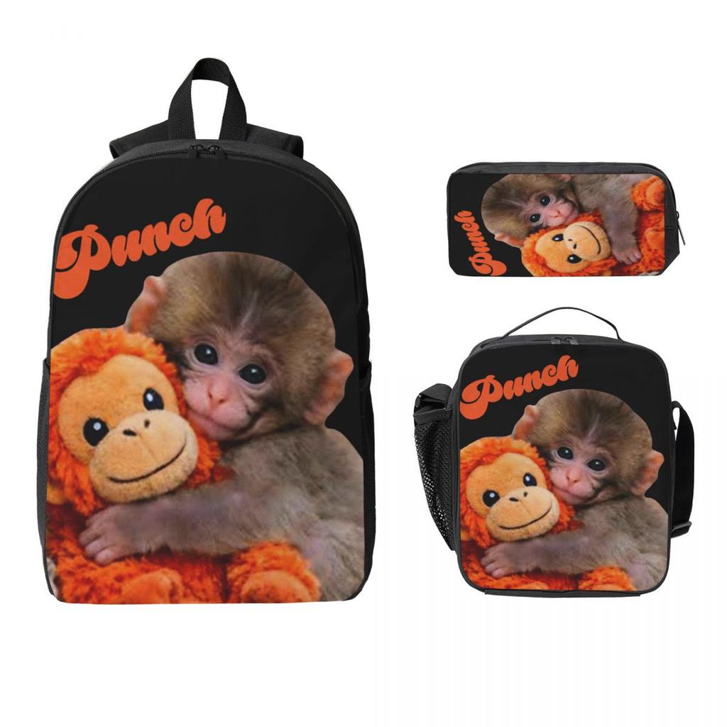 Baby Punch Monkey, Viral Monkey Kids Backpack Lunch Box Pen Bags for Boys Girls Backpacks Kawaii Schoolbag Bookbag Set