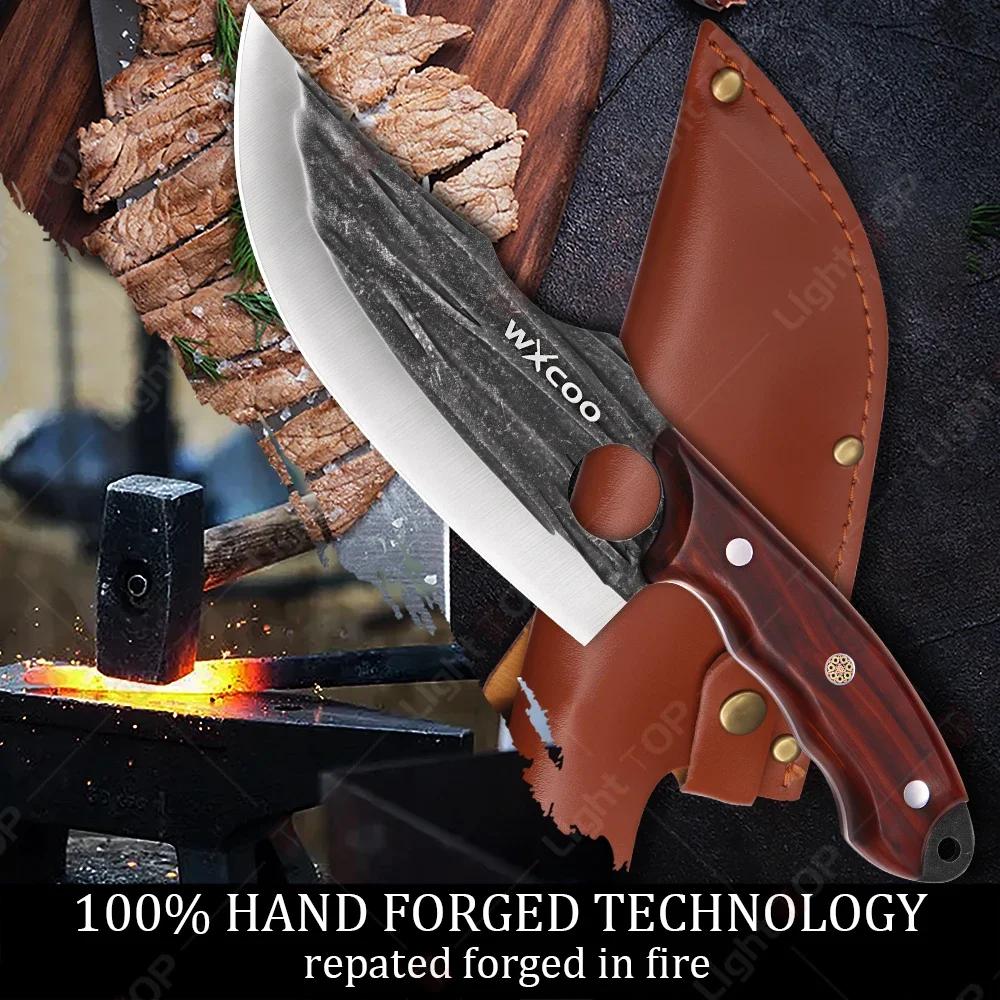 WXCOO Forged Butcher Knife Fish Boning Knife DIY Kitchen Stainless Steel Fruit Slicing Vegetable Chef Wooden Handle BBQ Cooking