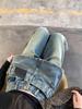 Women's Retro Two-Piece Look Hem Jeans: Loose, Straight-Leg Wide Pants
