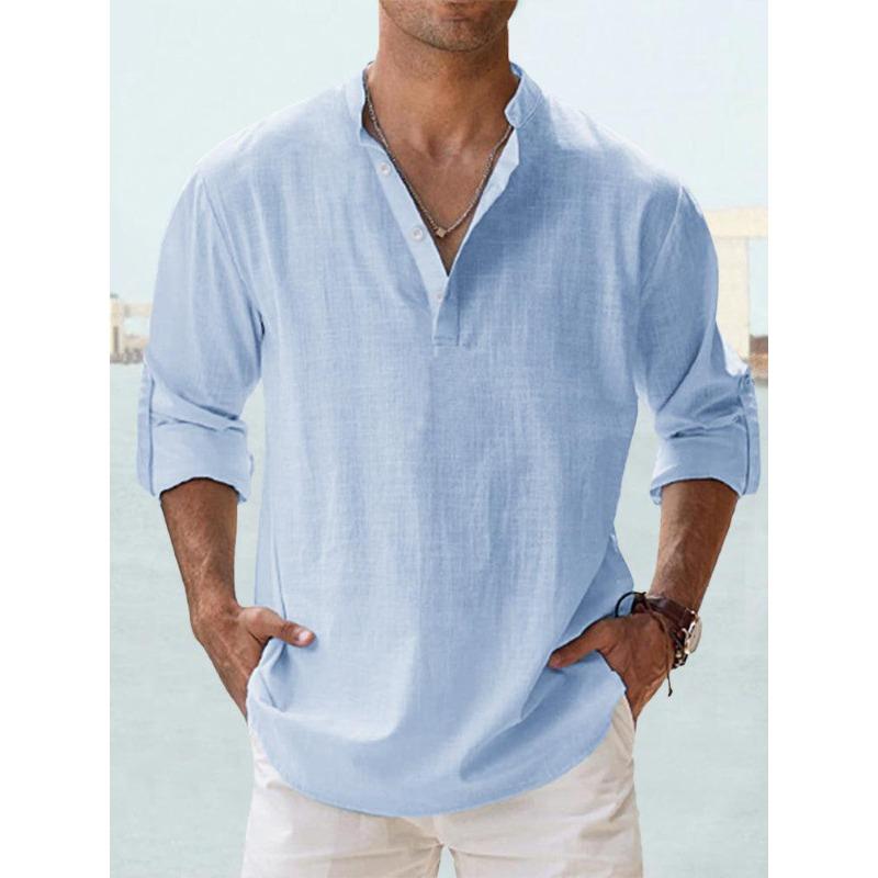 Men's Pure Cotton Stand-up Collar Long-sleeved T-shirt Loose Undershirt Solid Color Long-sleeved Cotton Shirt Men's