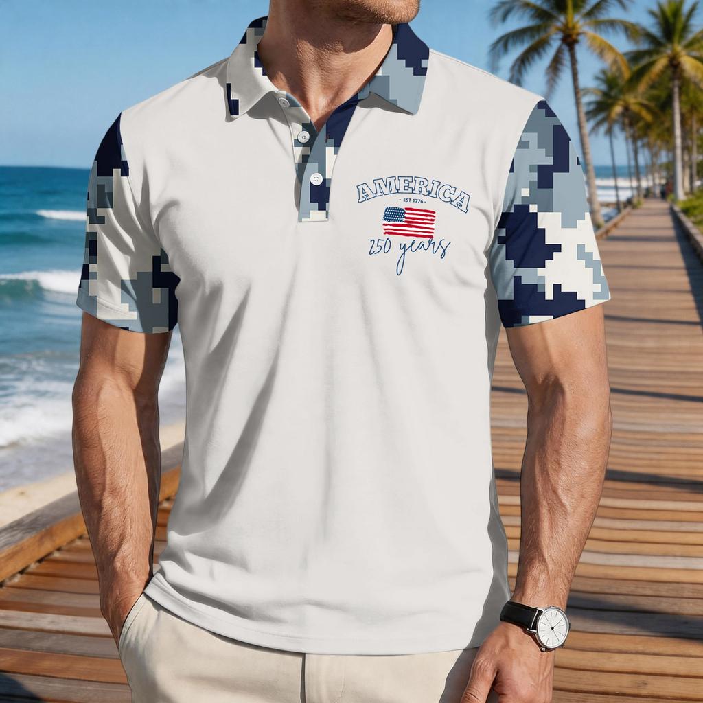 Men's Loose Fit Casual Polo Shirt Short Sleeve Flag Print Button Down Collar Lightweight Breathable Fabric Summer Top