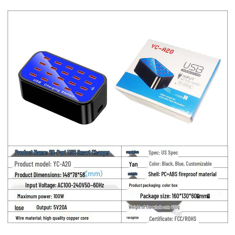 100W 20-Port USB Charger, High-Power 5V/2A Multi-Port Charging Station