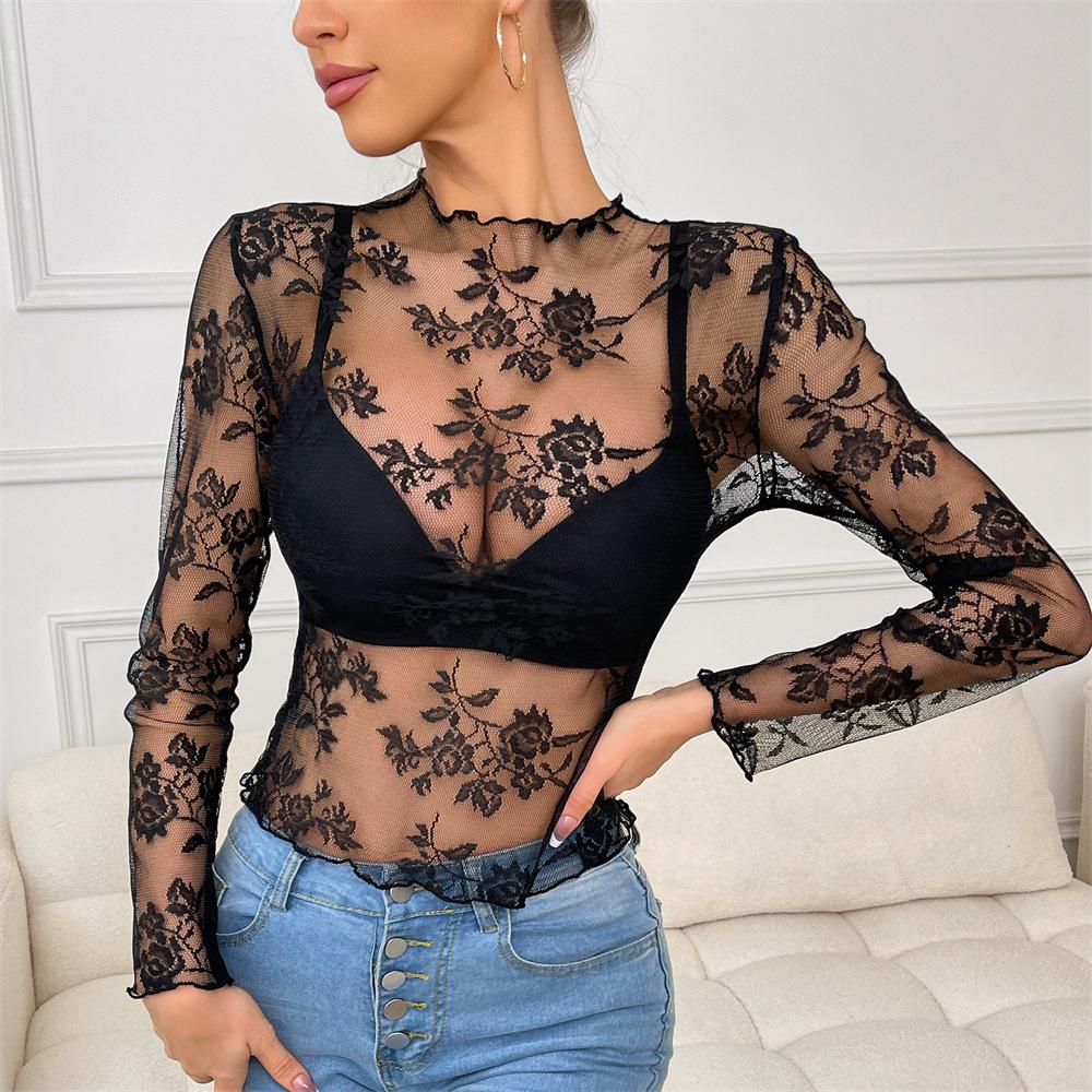 2025 Women's Lace Cutout See-Through Long Sleeve Top