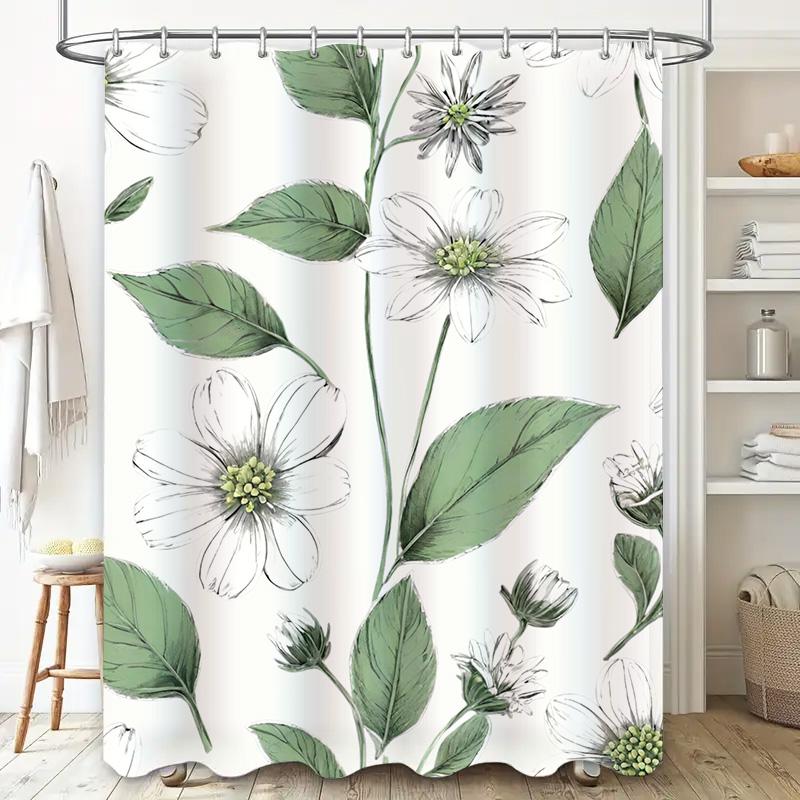 Artful Green Floral Print Shower Curtain Waterproof Bath Decor White Green 72x78 Inch (L) Modern Home Accents for Bathroom Decor