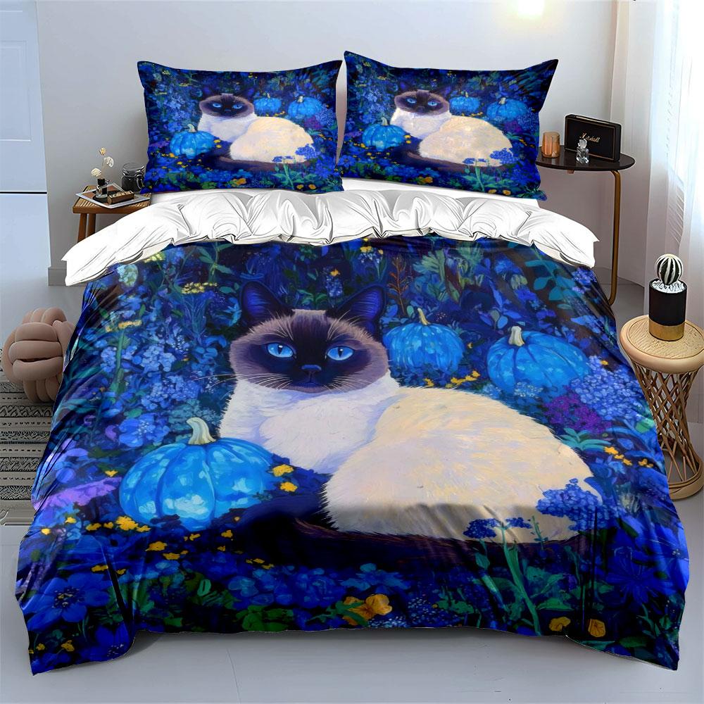 Blue Pumpkin Cat Art Decor Bedding Set with 1 Duvet Cover 2 Pillowcases Single Double King Queen, Gift