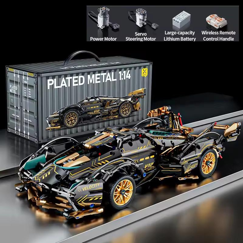Black V12 Block Roadster Rc Tech Racer 1:14 Diy Racing Car Building Block Assembly Block Car Toy Birthday Gift