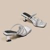 Stepping on shit, silver high-heeled sandals, fairy, wind square head rhinestone thick-heeled cool slippers, women are not tired of wearing outside