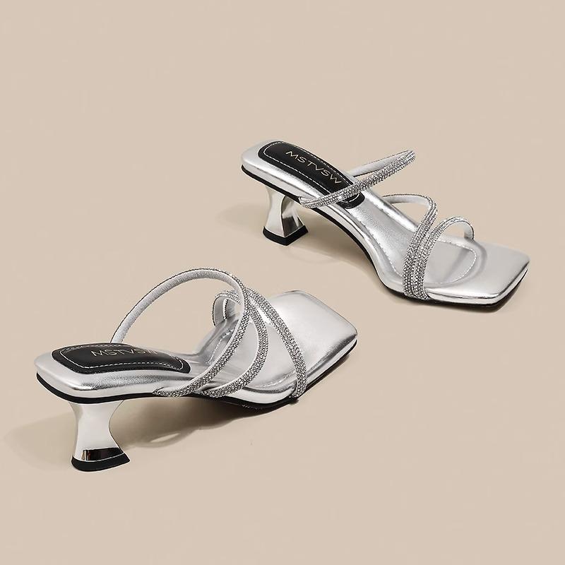Stepping On Shit, Silver High-heeled Sandals, Fairy, Wind Square Head Rhinestone Thick-heeled Cool Slippers, Women Are Not Tired of Wearing Outside