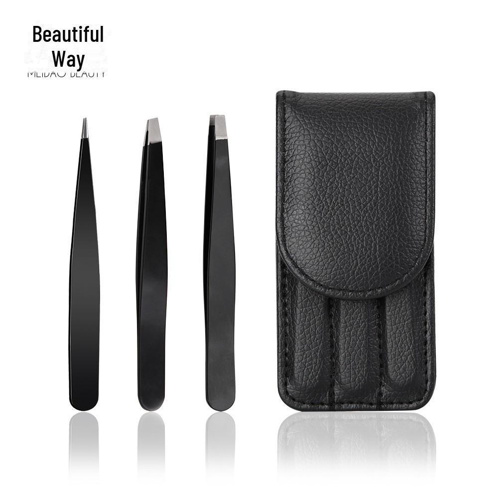 Stainless Steel Eyebrow Tweezer 1.5mm Thick, Black/Pink, Precision Slant Tip with Leather Case.