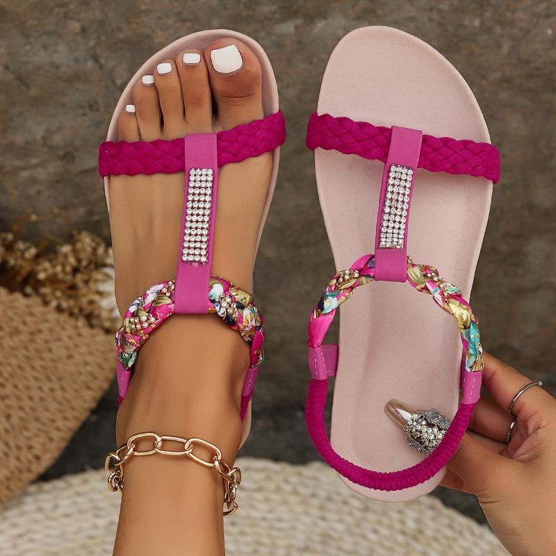 Large Size Printed Woven Sandals Women's Summer New Bohemian Outer Wear Flat Elastic Beach Sandals