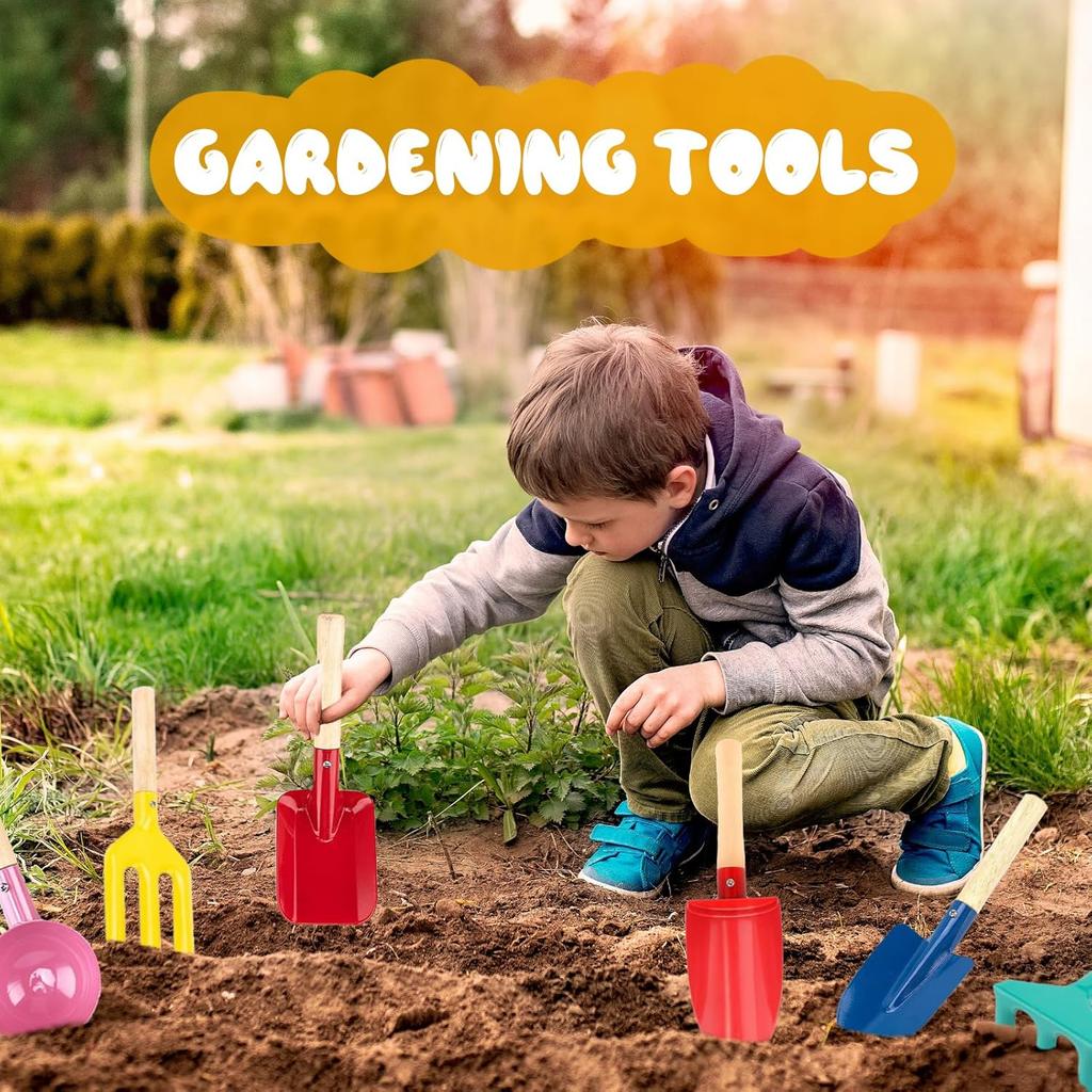 Beach Toys, 6 Pcs Kids Gardening Set, 8'' Kid Metal Sand Toys Sandbox Toys with Sturdy Wooden Handle, Children Beach Sand Toys Gardening Set, Beach