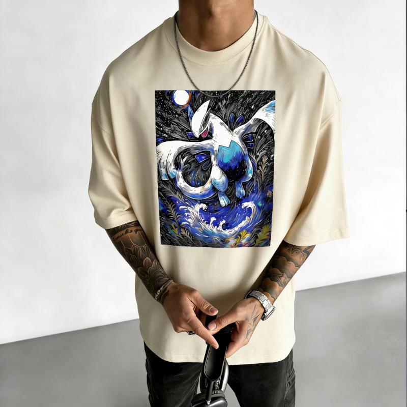 Pokémon Anime Lugia Printed Cotton Tshirt 2026 Summer Mens and Womens Loose Casual Street Versatile Trend Short Sleeved Top