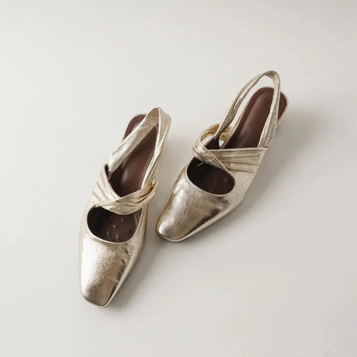 

Sheepskin Version French Style Square Head Backless Outdoor Wear Sandals Women Retro Thick Heel Genuine Leather 40 золотий