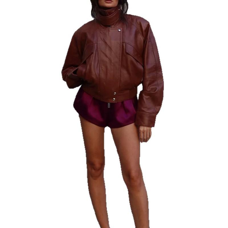 Womens Vintage Leather Jacket Cool Street Style Biker Coat Short Solid Color
