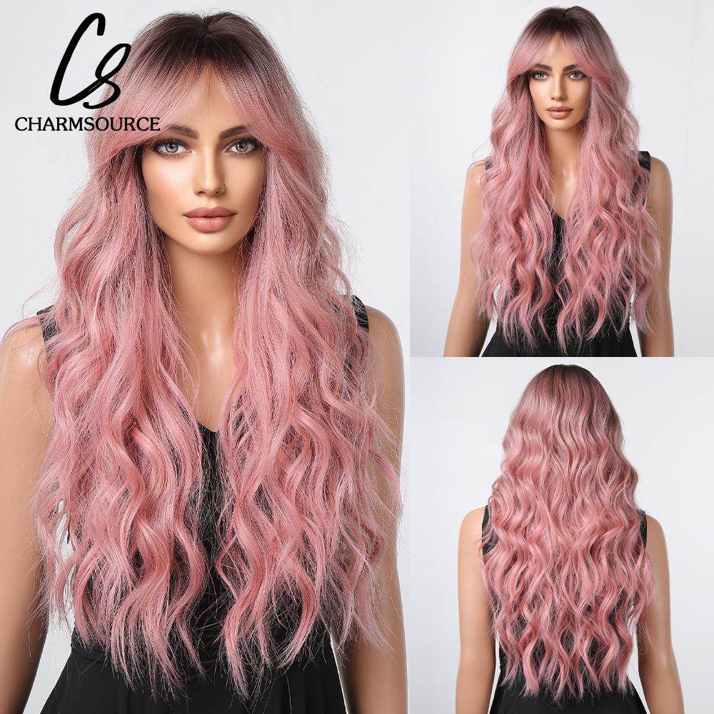 CharmSource Lange natürliche gewellte Perücke mit ordentlichem Pony/Fransen für Frauen, rosa Haar, synthetische Perücken, Cosplay, Party, hitzebeständige Faser