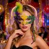 Masquerade Carnival Masque for Women Mardi Gras Purple Green Yellow Lace Feather Masque for Prom Ball Wedding Halloween Party Favors