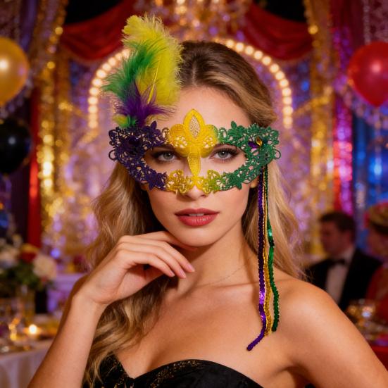Masquerade Carnival Masque for Women Mardi Gras Purple Green Yellow Lace Feather Masque for Prom Ball Wedding Halloween Party Favors