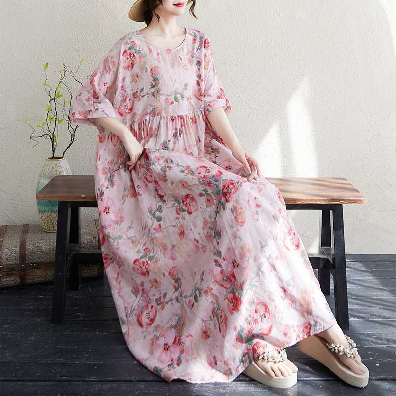 Women's Thin Cotton and Linen Round Neck Short Sleeved Long Skirt