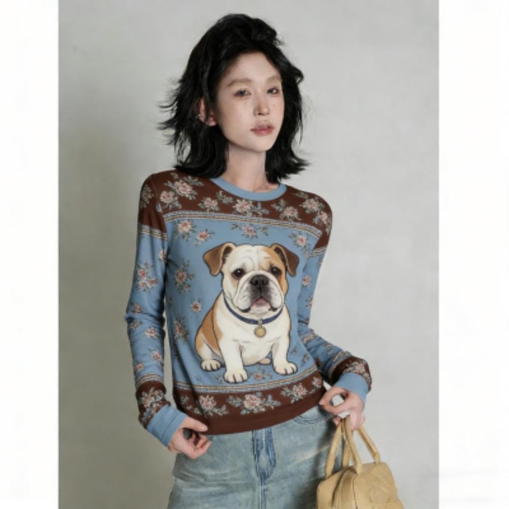 Europe America Fashion Fun Dog Print Women's T-shirt Casual Pullover Women Long Sleeve Clothing Outdoor Street Tees Top