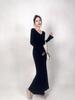 Elegant German Velvet V-Neck A-Line Flared Sleeve Evening Dress - Warm, Fashionable, Versatile Style.