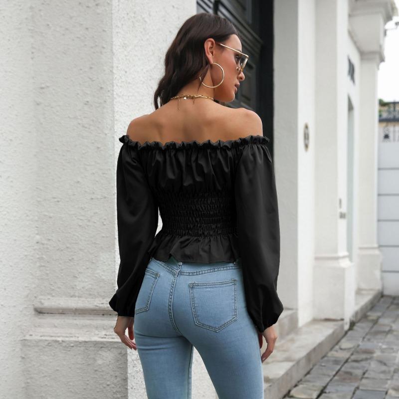 Off Shoulder Hot Style Front Straps Women Blouse Long Sleeve Slim Waist Pleated Short Top Elegant Casual Shirt New Solid Color Ruffled Clothng