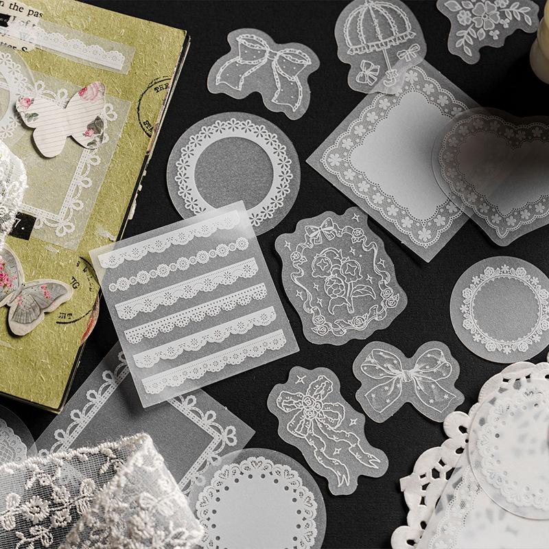 30-Piece White Translucent Lace Sticker Pack, Exquisite Floral & Geometric Patterns with Delicate Embroidery Details