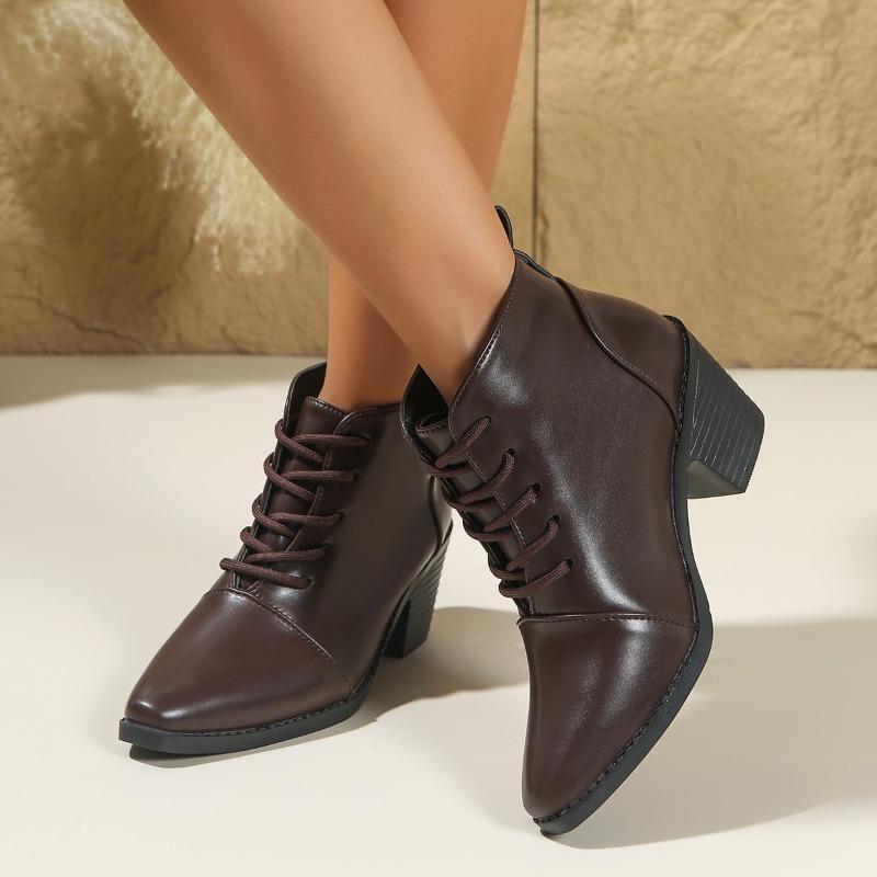 British Style Lace-up Mid-heel Boots 2025 Winter New Thick-heeled Large Size Pointed Martin Boots for Women