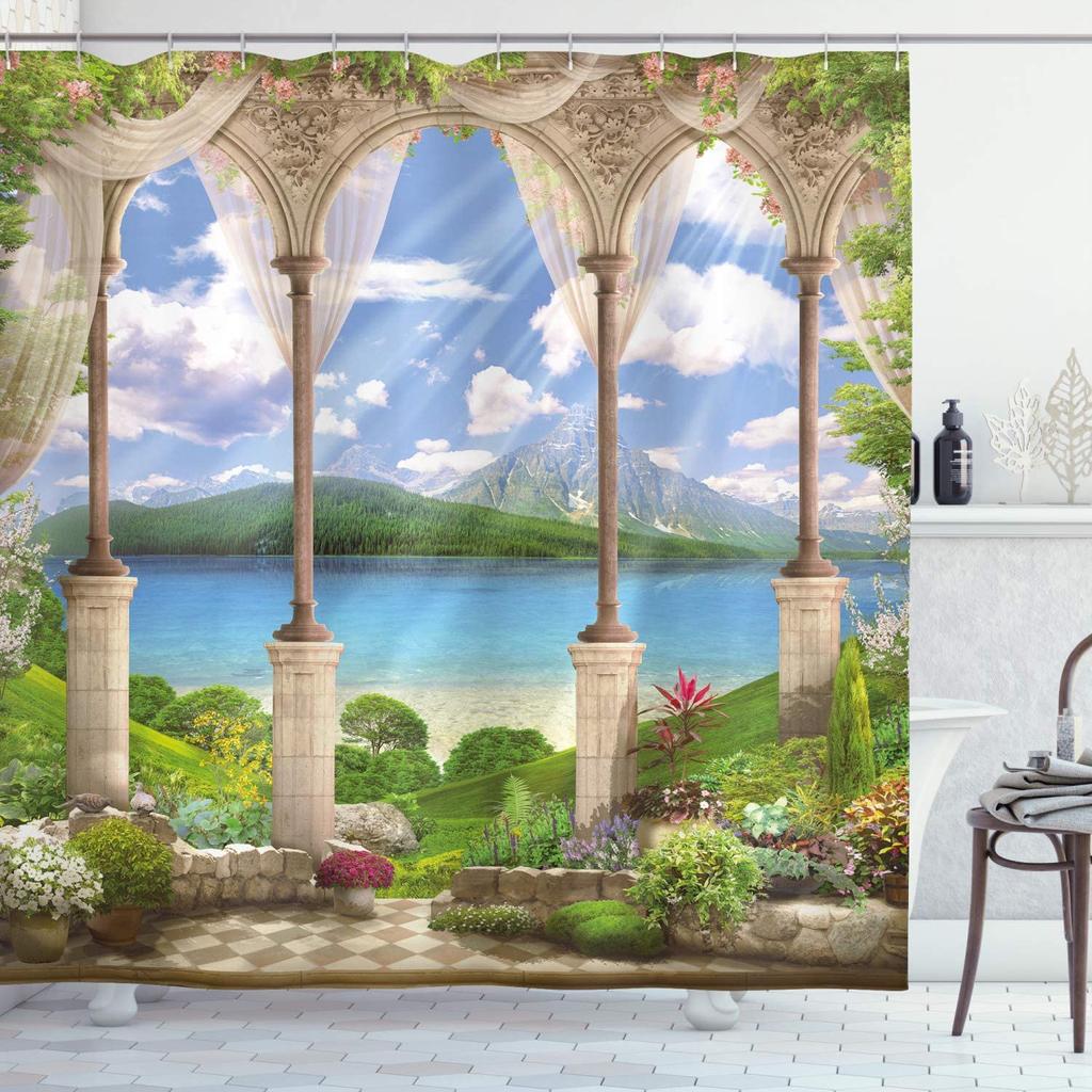 Window Outside Forest Bridge Spring Landscape Creativity Shower Curtain Zen Stone Tree Building Scenery Cloth Curtains With Hook