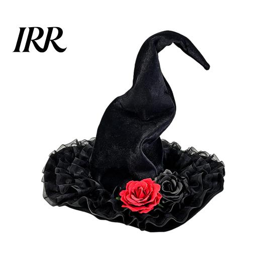 Non-itchy Halloween Hat Women's Large Ruched Witch Hat, Felt Wizard with Elegant Dark Ruffle/Flowers/Mesh, Adults Cosplay Costume for