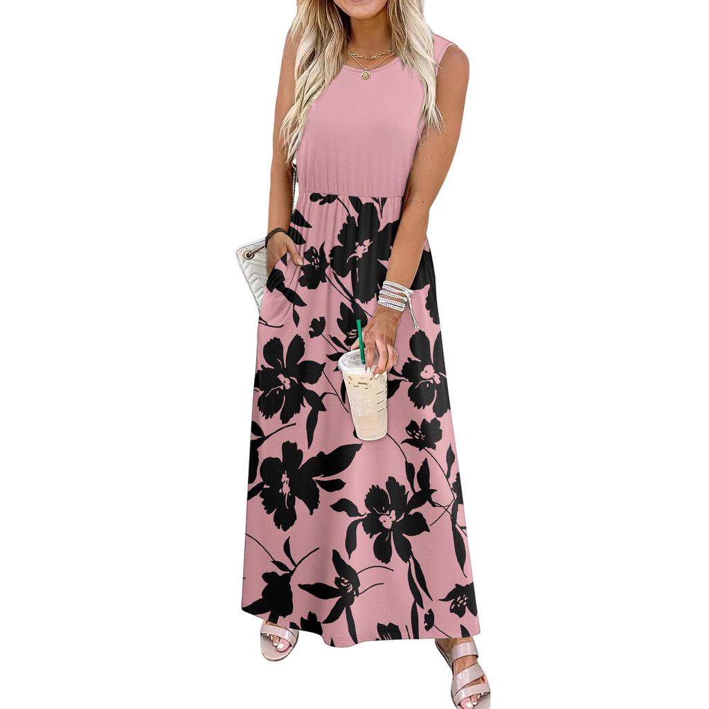 Sleeveless Floral Print Maxi Dress for Women Casual Waist Defined Long Dress Lightweight Summer Style Crew Neck