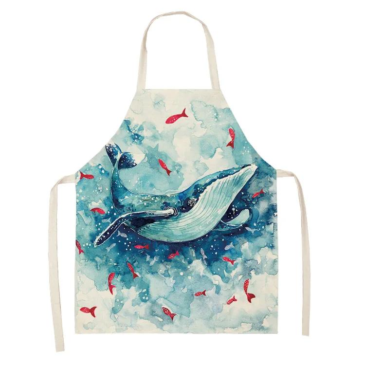 Ocean Animal Whale Jellyfish Pattern Cleaning Aprons Home Cooking Apron Cooking Linen Bibs Waist Baking Kitchen Aprons Delantal