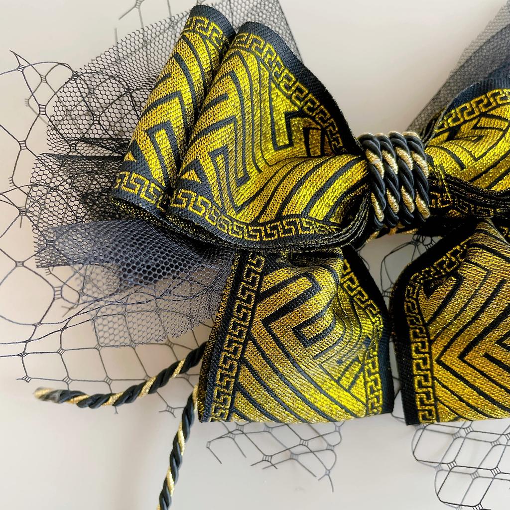 Black and gold tulle ribbon hair ornament for Japanese traditional perfect for ceremonies and Braided black and gold ribbon hair head clothing,