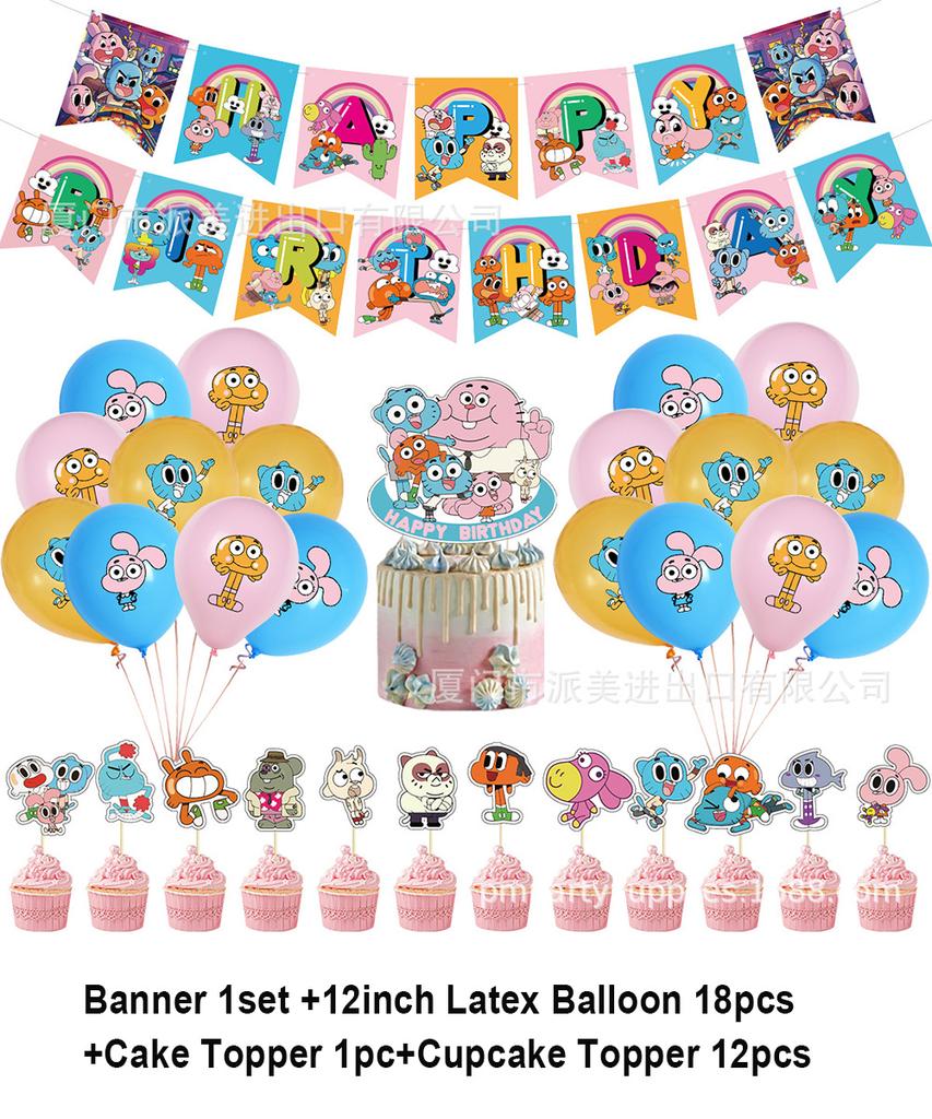 Cartoon Amazing World Birthday Party Decorations Gum&balles Balloon Banner Cake Topper Rabbit Cat Anime Backdrop Kid Favor Gift