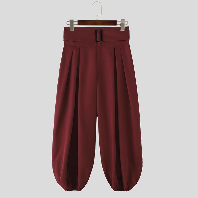 

INCERUN Men High Waist Zip-up Casual Pants Trousers with Pockets 5XL вина червоного кольору