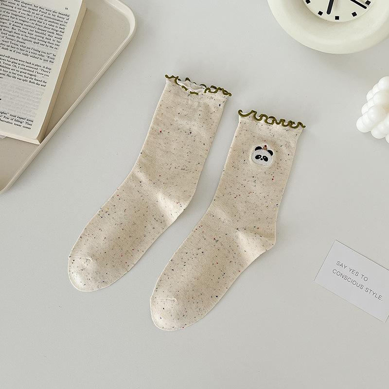 Embroidered Socks for Women, Spring and Autumn Mid-calf Socks, Black Fungus Lace Long Socks, Sweat-absorbing Pile Socks, Cute Boneless Socks