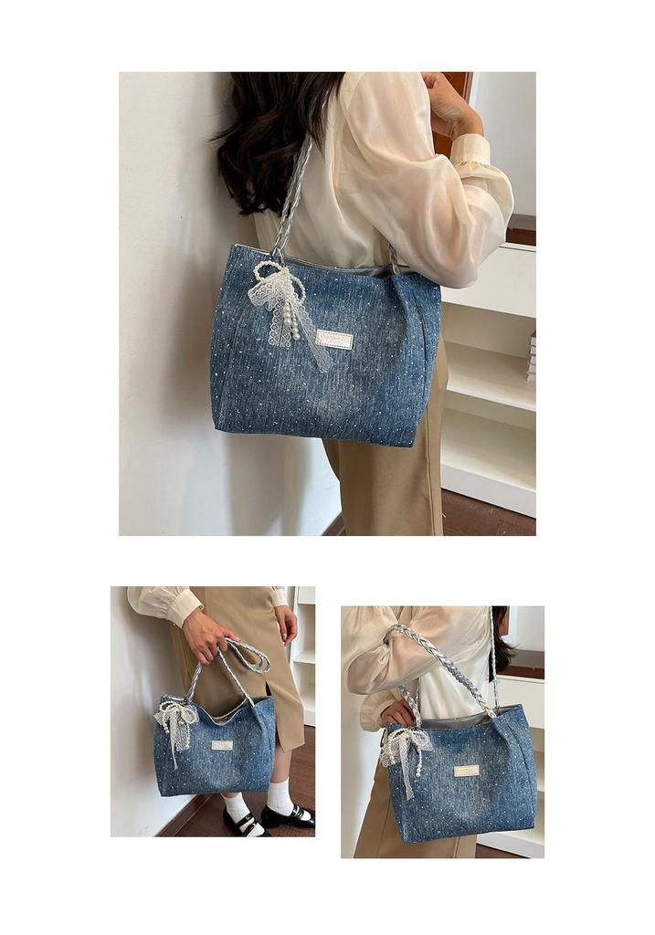 Pearl Bow Diamond Denim Tote: Stylish Summer Shoulder Bag with Large Capacity