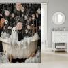 Cute Ghost Kids Shower Curtains,Black Cartoon Cat Happy Halloween Bathroom Curtain For Girls Boys,Rose Flowers Baroque Vintage