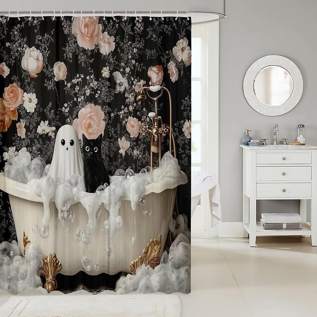 Cute Ghost Kids Shower Curtains,Black Cartoon Cat Happy Halloween Bathroom Curtain For Girls Boys,Rose Flowers Baroque Vintage