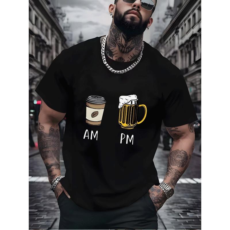 

European Size [Men s Casual T-Shirt] Men s Casual T-Shirt | Coffee Cup Beer Mug AM PM Print Street Style Fashion Top 4XL чорний