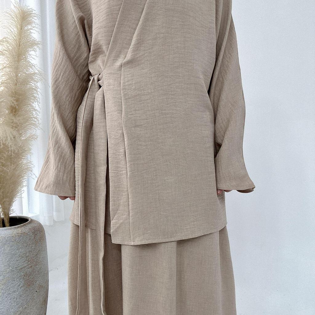 Loriya 2024 Solid Color Casual Lace-Up Dubai Abaya Set (Top & Skirt) LR807