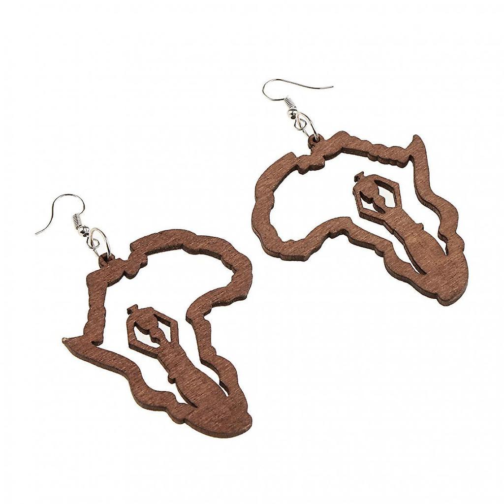 Vintage Ethnic Women Natural Wooden African Map Tribal Drop Earring Brown