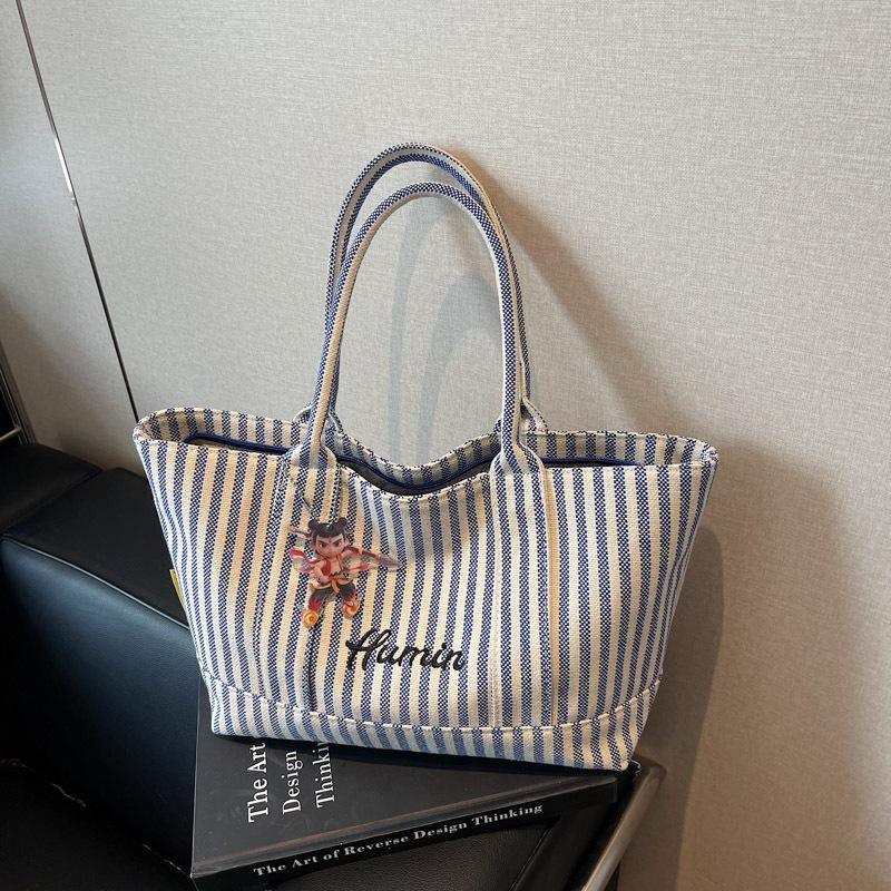 ins wind striped canvas handbag women's 2025 spring and summer large capacity tote bag shoulder bag travel bag