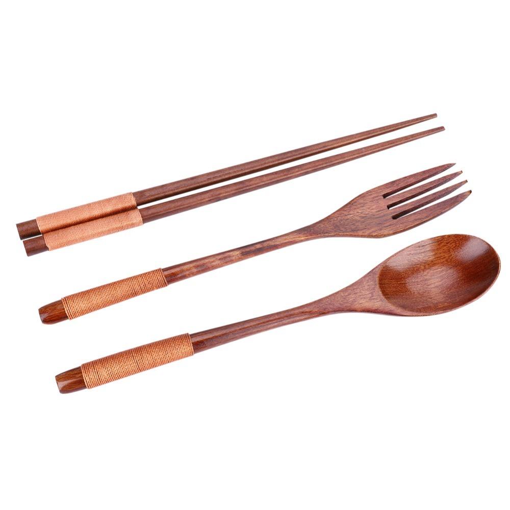 3 Pcs/Set With Thread Wooden Flatware Set Lightweight Dining Tableware Set  Travel Use