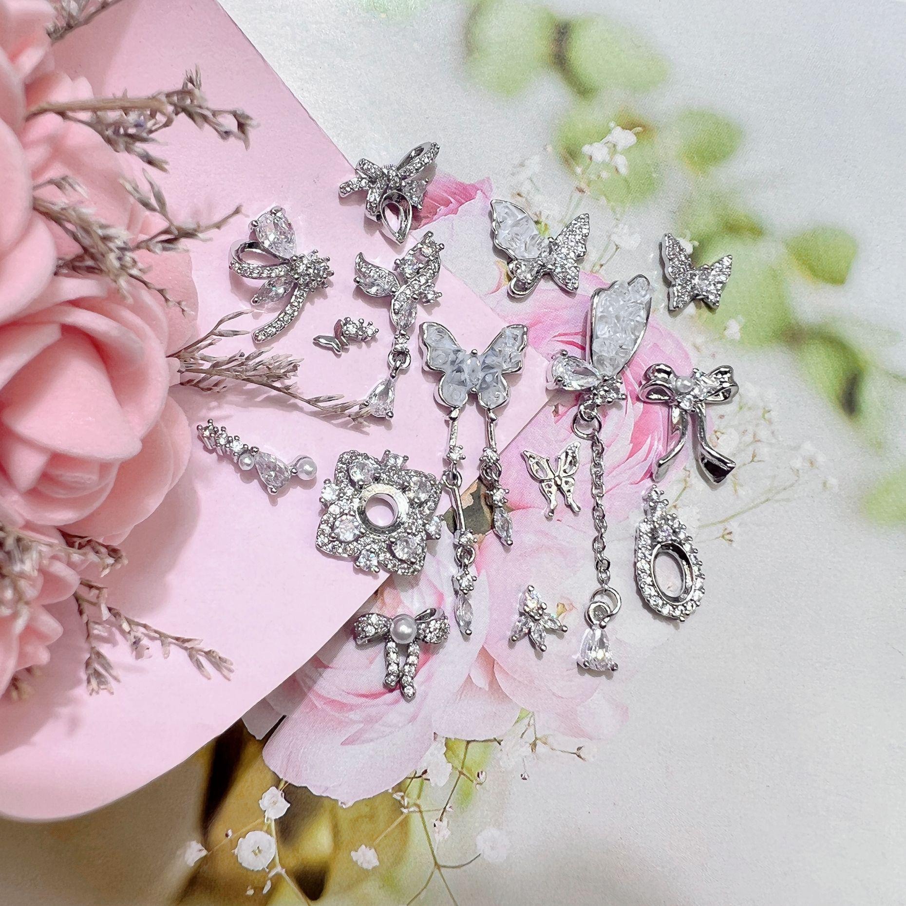 

Silver Butterfly Chain Pendant with Zircon Nail Art Bow Ornaments