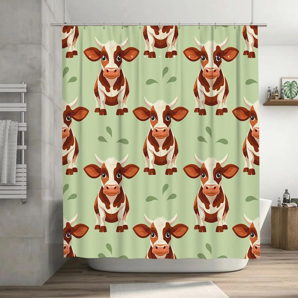 Cute Cow Shower Curtain Home Decor Bathroom Accessories Green Fabric Print Design Waterproof Washable For Kids Bathtub