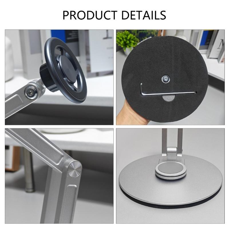 Aluminum Magnetic Phone Mount Stand With Height Adjustment 360 Degree Rotation Foldable Base For Tablets And Smartphones