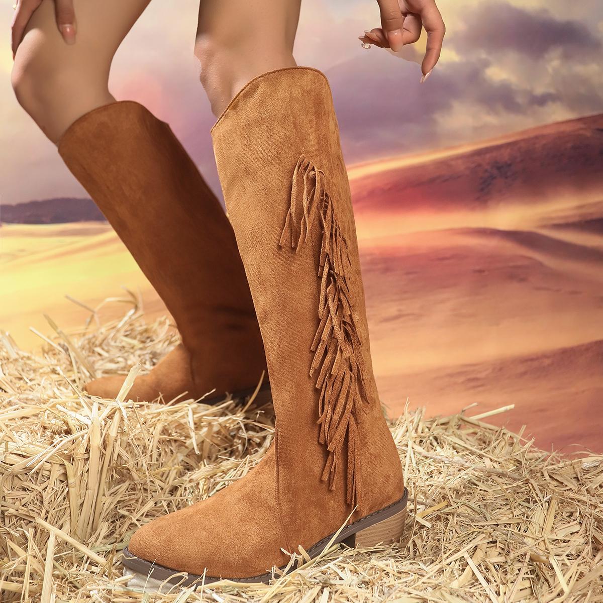 

мода ретро кисточки вестерн ковбойские сапоги женские высокие на толстом каблуке длинные сапоги женские осенне-зимние сапоги до колена женские большие размеры 41 коричневый