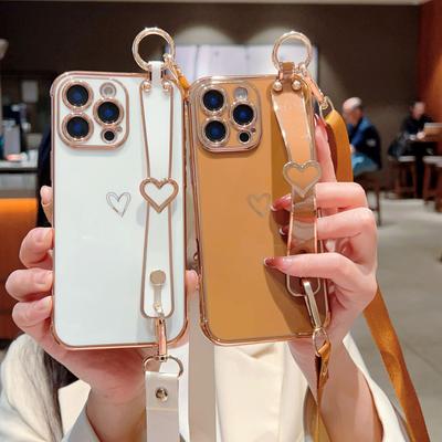 For IPhone 16E Plated Love Wristband Stand Phone Case for Apple 15 ProMax Strap 14 Protective Cover