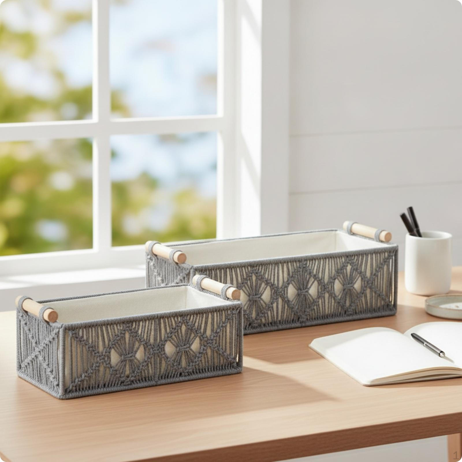 2 Pieces Storage Basket with Wood Handles Rectangular Handwoven Macrame